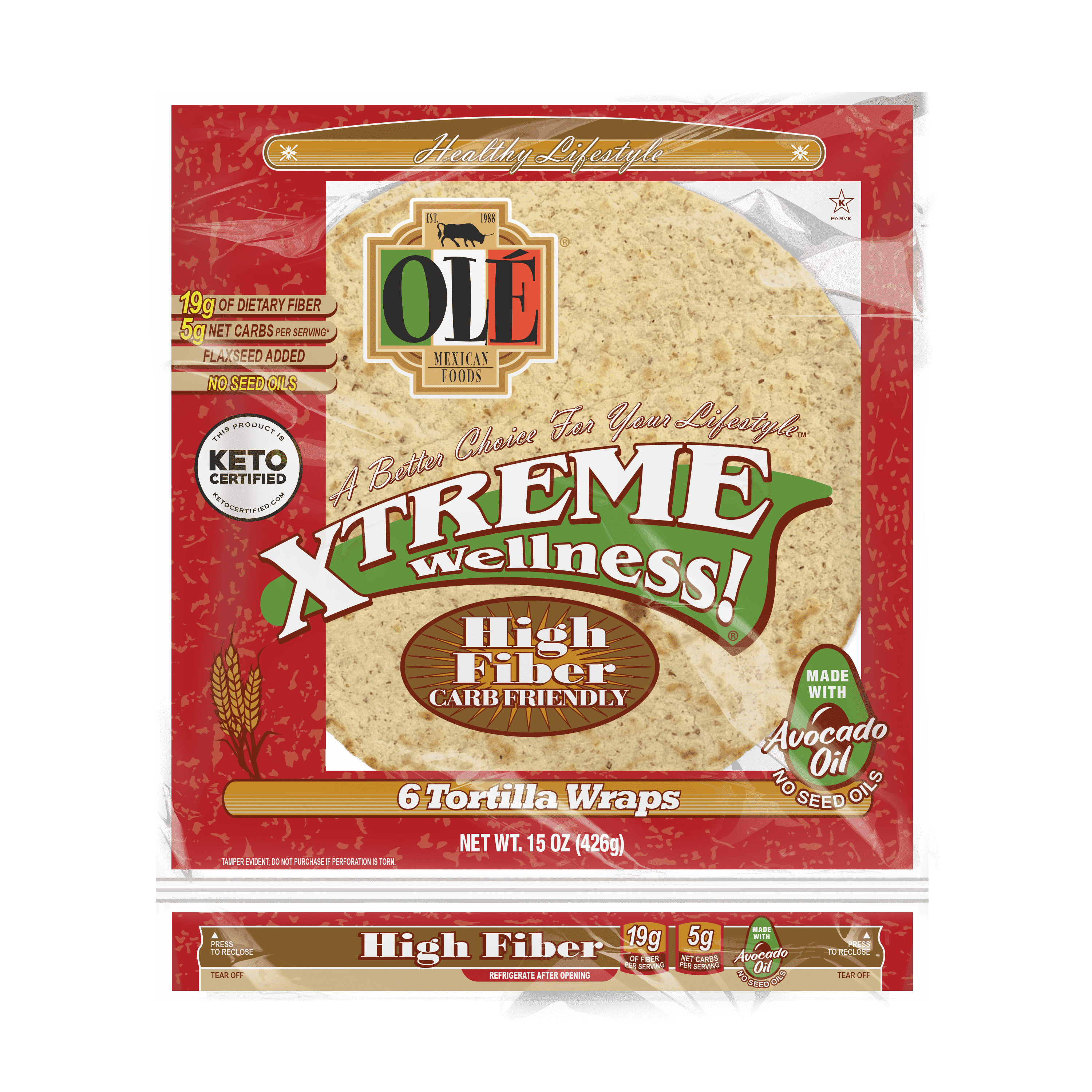 Olé Xtreme Wellness High Fiber 10" Flour Tortilla Wraps, 6-Count (4 Pack), 15 oz, Keto Certified, Carb Friendly, Avocado Oil