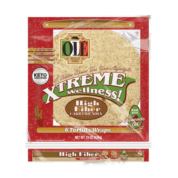 Ol Xtreme Wellness High Fiber 10" Flour Tortilla Wraps, 6-Count (4 Pack), 15 oz, Keto Certified, Carb Friendly, Avocado Oil