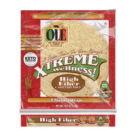 Olé Xtreme Wellness® High Fiber | 8" Size Flour Tortillas |Carb Friendly |Keto Certified | 12.7 oz.| 8 Count (Pack of 4)
