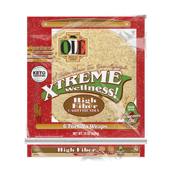 Olé Mexican Foods Xtreme Wellness High Fiber Large Burrito Flour Tortilla Wraps, 15 oz, 6 Count