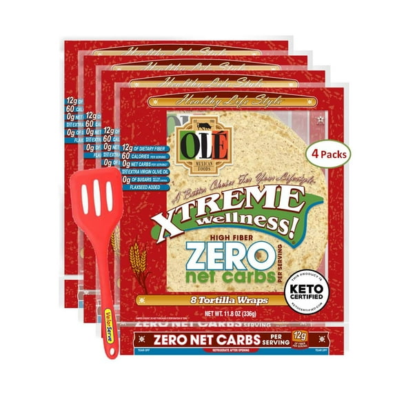 Ol Xtreme Wellness Soft Taco ZERO Net Carbs | 8" Size Flour Tortillas | 11.8 oz.| 8 Count (Pack of 4) with ValorServe Mini Kitchen Utensil