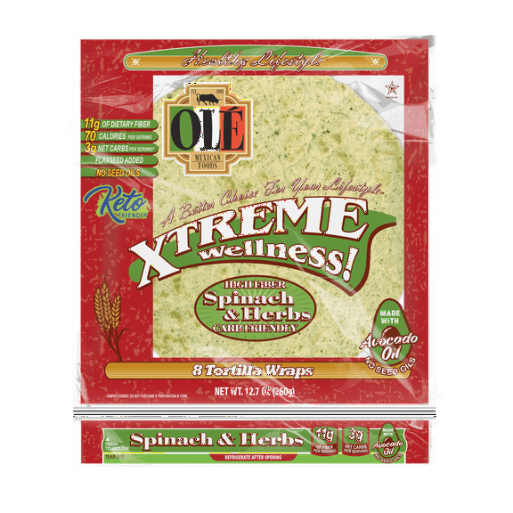 Ol Xtreme Wellness Spinach & Herbs | 8" Size  Flour Tortillas |Carb Friendly |Keto Friendly| 8 Count (Pack of 4)