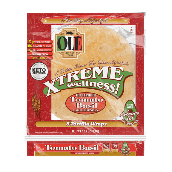 Ol Xtreme Wellness Tomato Basil 8" Flour Tortilla Wraps, 8-Count (4 Pack), 12.7 oz, Keto Certified, Carb Friendly, Avocado Oil