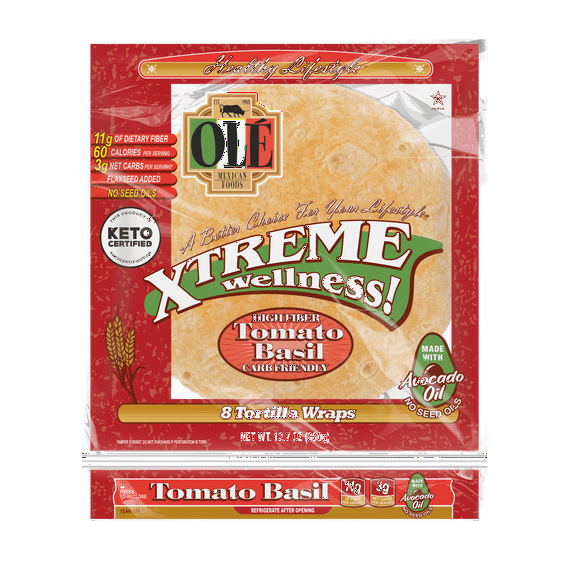 Olé Xtreme Wellness® Tomato & Basil | 8" Size Flour Tortillas |Carb Friendly |Keto Certified | 12.7 oz.| 8 Count (Pack of 4)