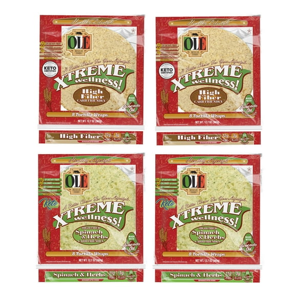 Ol Xtreme Wellness Variety Flavors | 8" Size Flour Tortillas |Carb Friendly |Keto Certified | 12.7 oz.| 8 Count (Pack of 2 High Fiber & Pack of 2 Spinach & Herbs)