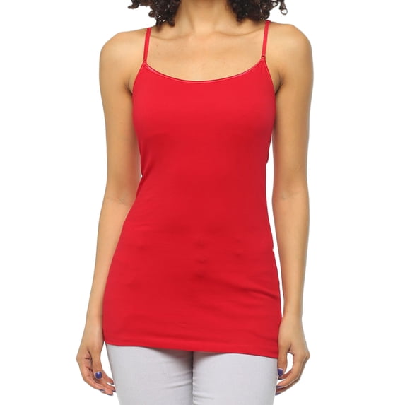 Ola Mari Junior Size BUILT-IN Shelf Bra Adjustable Spaghetti Strap Solid Camisole Tank Top, Red, Large