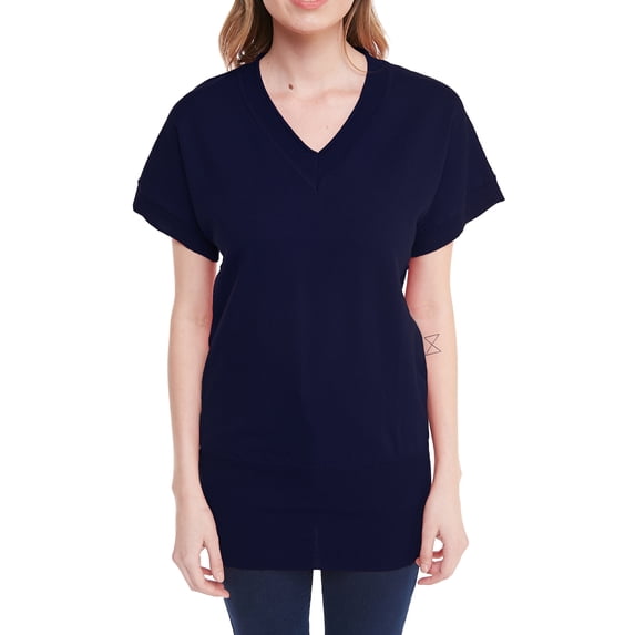 Ola Mari Knit V Neck Tunic Top, Medium, Navy