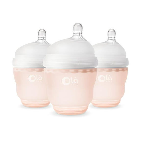 Olababy Gentle Silicone Baby Bottle, Anti-Colic, BPA free, Easy to Clean and Wide Neck Baby Bottles Best for Breast Feeding Babies 3 Piece Set (4 Ounce 3PK, Coral)
