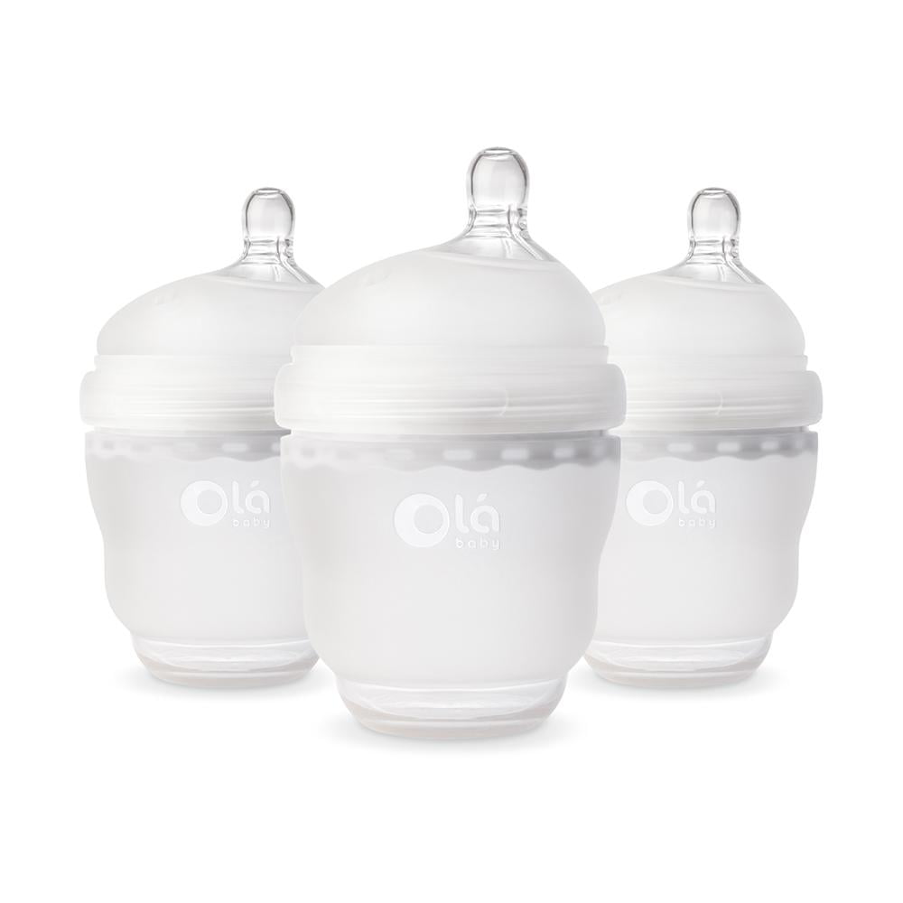 Olababy Gentle Silicone Baby Bottle, Anti-Colic, BPA free, Easy to Clean and Wide Neck Baby Bottles Best for Breast Feeding Babies 3 Piece Set (4 Ounce, Frost)