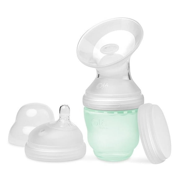 Olababy Manual Breast Pump + Baby Bottle (4oz,Mint) - Breast Milk Catcher + Silicone Bottle & Storage Lid | Breastmilk Collector | Breastfeeding & Newborn Essentials | New Mom Gift for Pregnant Women