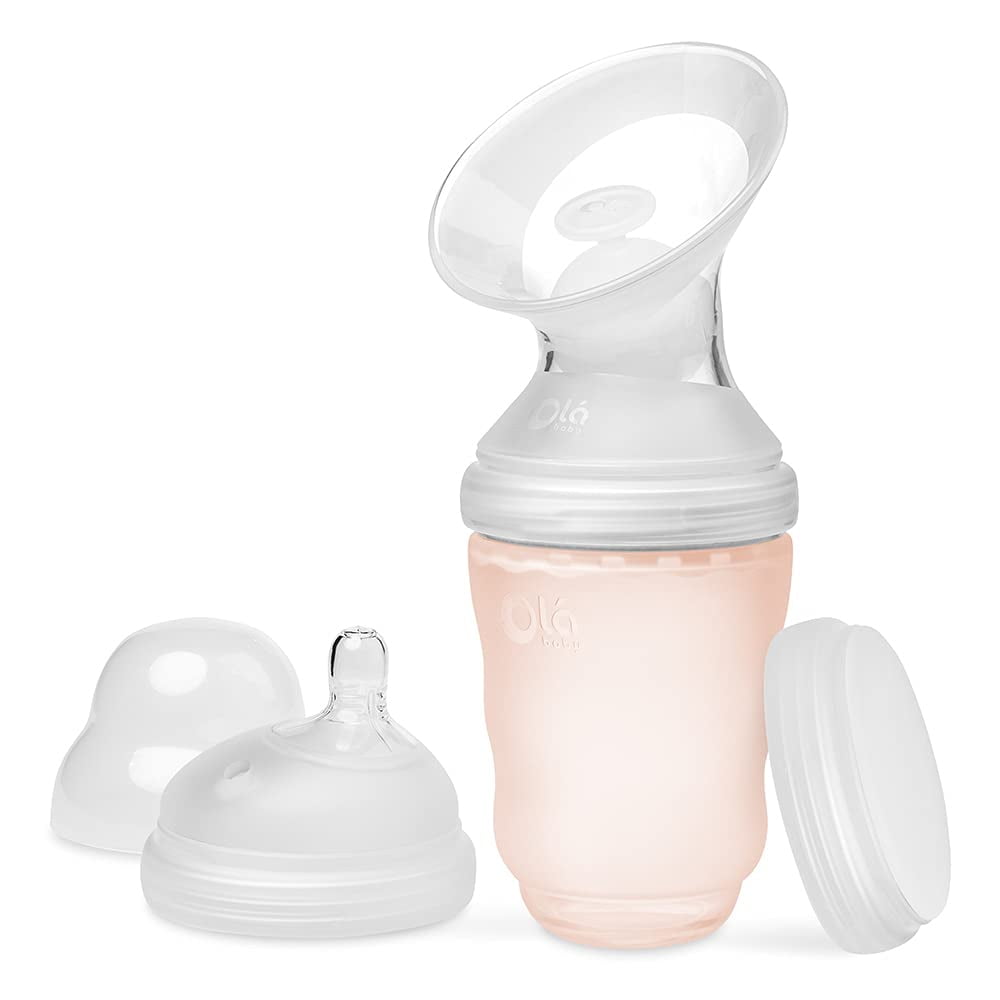 Olababy Manual Breast Pump + Baby Bottle (8oz,Coral) - Breast Milk Catcher + Silicone Bottle & Storage Lid | Breastmilk Collector | Breastfeeding & Newborn Essentials | New Mom Gift for Pregnant Women