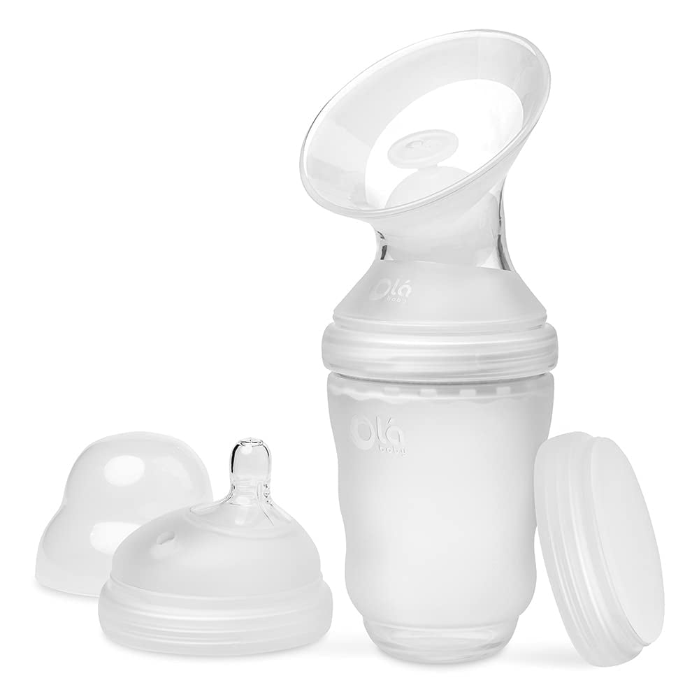 Olababy Manual Breast Pump + Baby Bottle (8oz,Frost) - Breast Milk Catcher + Silicone Bottle & Storage Lid | Breastmilk Collector | Breastfeeding & Newborn Essentials | New Mom Gift for Pregnant Women