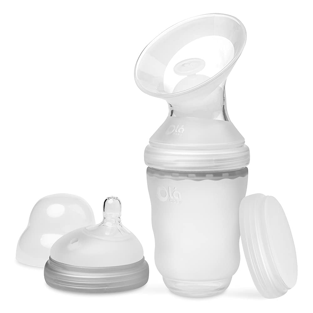Olababy Manual Breast Pump + Baby Bottle (8oz,Gray) - Breast Milk Catcher + Silicone Bottle & Storage Lid | Breastmilk Collector | Breastfeeding & Newborn Essentials | New Mom Gift for Pregnant Women