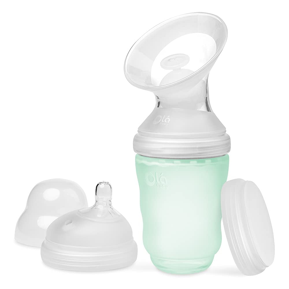 Olababy Manual Breast Pump + Baby Bottle (8oz,Mint) - Breast Milk Catcher + Silicone Bottle & Storage Lid | Breastmilk Collector | Breastfeeding & Newborn Essentials | New Mom Gift for Pregnant Women