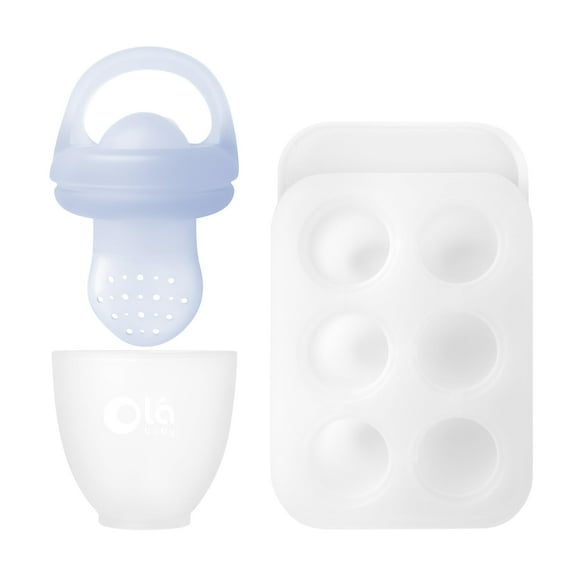 Olababy Silicone Fresh Fruit Feeder & Popsicle Set for Solid Food Introduction | Cooling Relief BPA Free Freezer Tray Combo for Frozen Breastmilk, Puree, Smoothies for Infants, Babies (Blueberry)