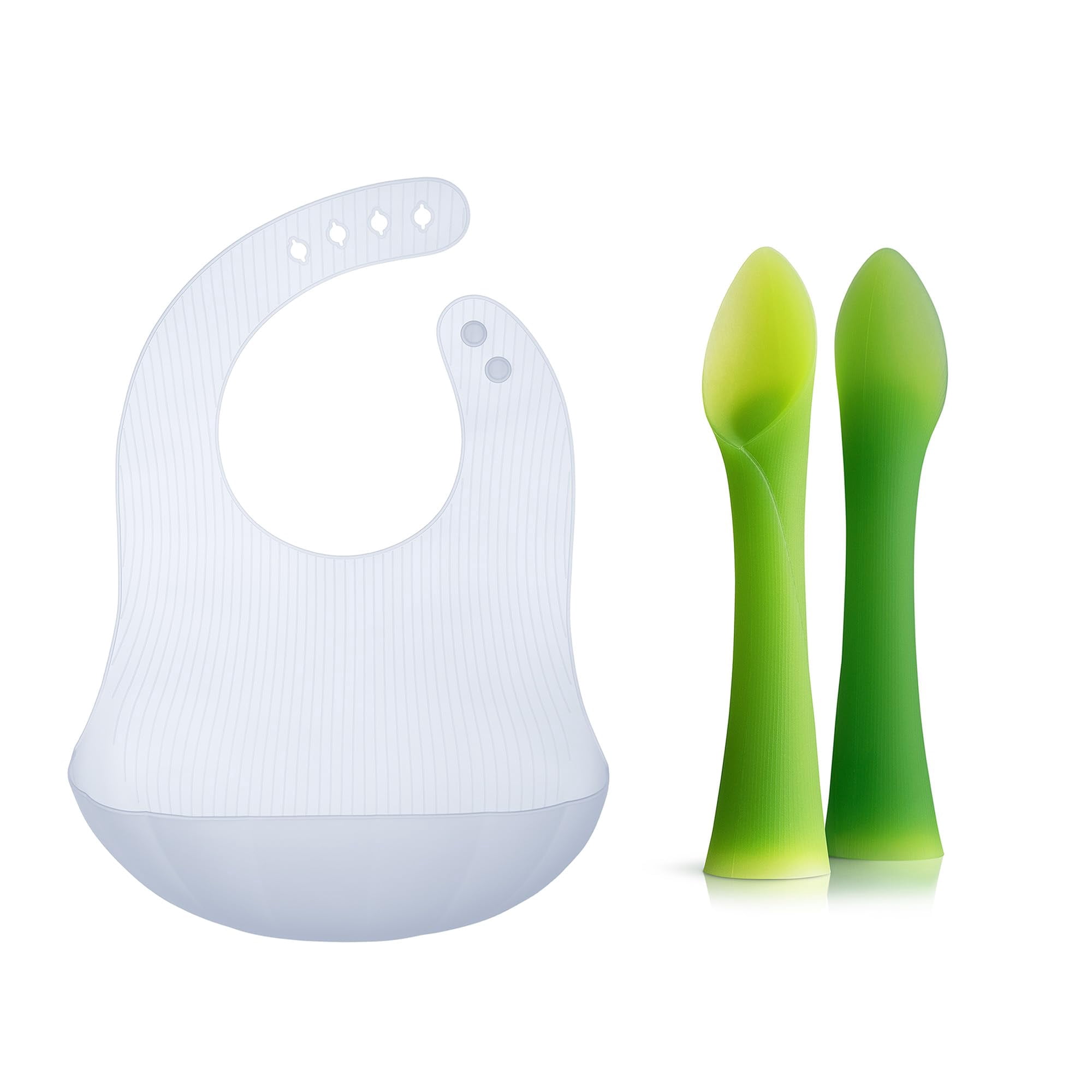 Olababy Training Spoon Set (Lime/Kale) + Fold N Go Silicone Baby Bib w Travel Case (Blueberry)