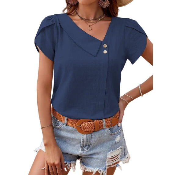 Olabelle Linen Tops for Women Casual Collared Business Blouses Tops Puff Sleeve Crop Shirts Loose Summer Work Clothes Navy Blue XL