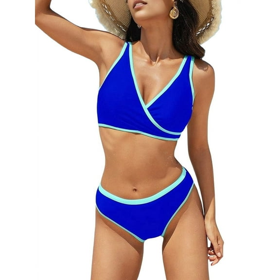 Olabelle Women'S Two Piece Sporty Wide Strap Set V Neck Mid Waist Bathing Swimsuits Royal Blue XL