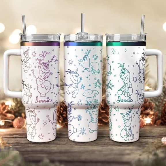 Olaf Frozen Cartoon Engraved Tumbler 40oz, WDW Magic Kingdom Tumbler, Stainless Steel Tumbler With Handle, Disney Frozen 2 Tumbler