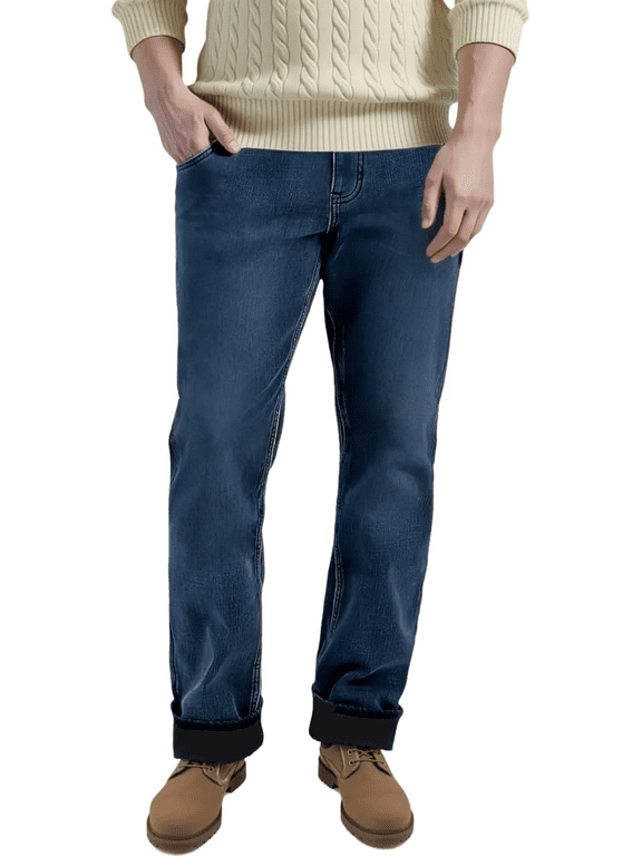 Fleece Lined Jeans for Men Regular Fit Vintage Stretch Denim Pants Winter Warm Flannel Lined Jeans, Blue