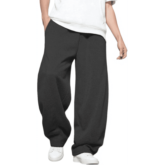 Olaglory Mens Baggy Sweatpants Fleece Lined Elastic Drawstring Waist, Comfy Breathable Wide Leg Casual Loose Cotton Joggers with Deep Pockets, Black