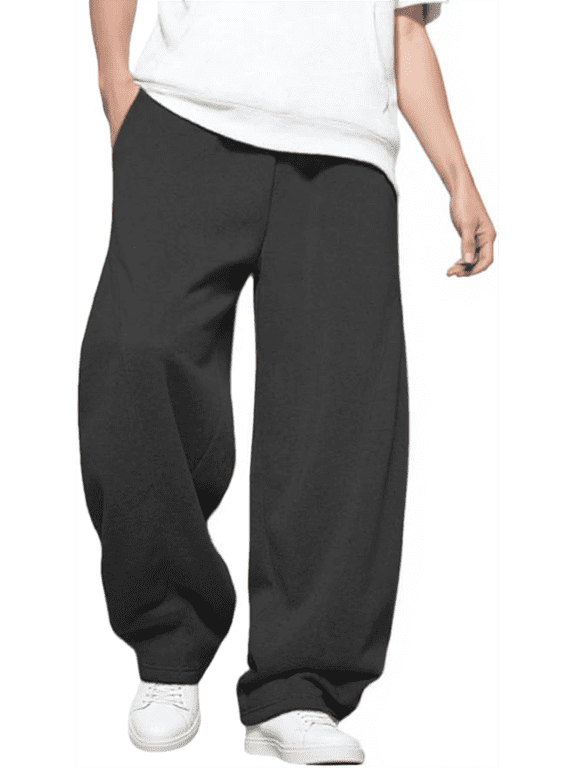 Mens Baggy Sweatpants Fleece Lined Elastic Drawstring Waist, Comfy Breathable Wide Leg Casual Loose Cotton Joggers with Deep Pockets, Black