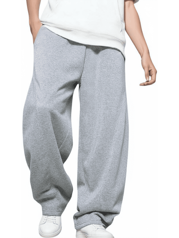 Mens Baggy Sweatpants Fleece Lined Elastic Drawstring Waist, Comfy Breathable Wide Leg Casual Loose Cotton Joggers with Deep Pockets, Grey