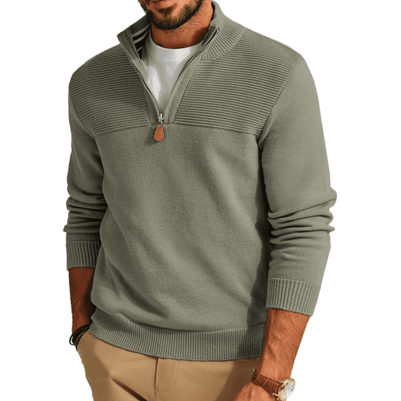 Olaglory Men's Quarter Zip Sweater Pullover Slim Fit Casual Classic Mock Neck Long Sleeve Polo Sweaters for Men, Army Green