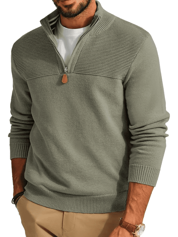 Men's Quarter Zip Sweater Pullover Slim Fit Casual Classic Mock Neck Long Sleeve Polo Sweaters for Men, Army Green