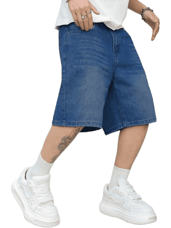Mens Baggy Jean Shorts Loose Fit Vintage Wide Leg Jorts Y2K Streetwear Hip Hop Casual Long Denim Shorts, Dight Blue