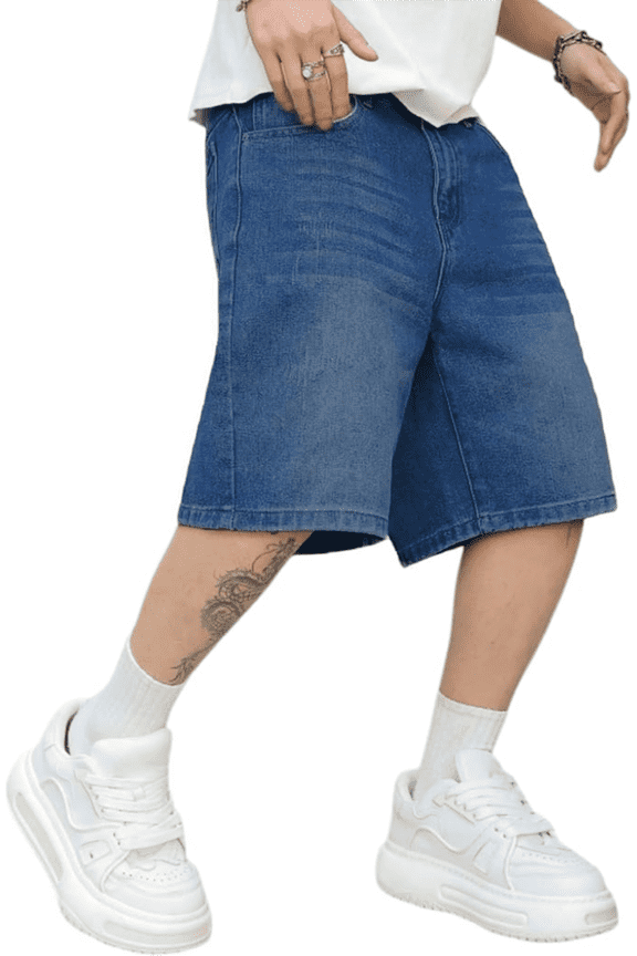 Mens Baggy Jean Shorts Loose Fit Vintage Wide Leg Jorts Y2K Streetwear Hip Hop Casual Long Denim Shorts, Dight Blue