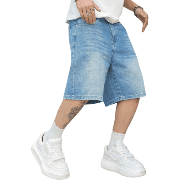 Olaglory Mens Baggy Jean Shorts Loose Fit Vintage Wide Leg Jorts Y2K Streetwear Hip Hop Casual Long Denim Shorts, Light Blue
