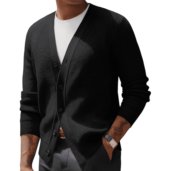 Olaglory Mens Cardigan Sweater Waffle Textured Ribbed neckline Long Sleeve V-Neck Soft Slim Fit Casual Button Knitted Sweaters, Black