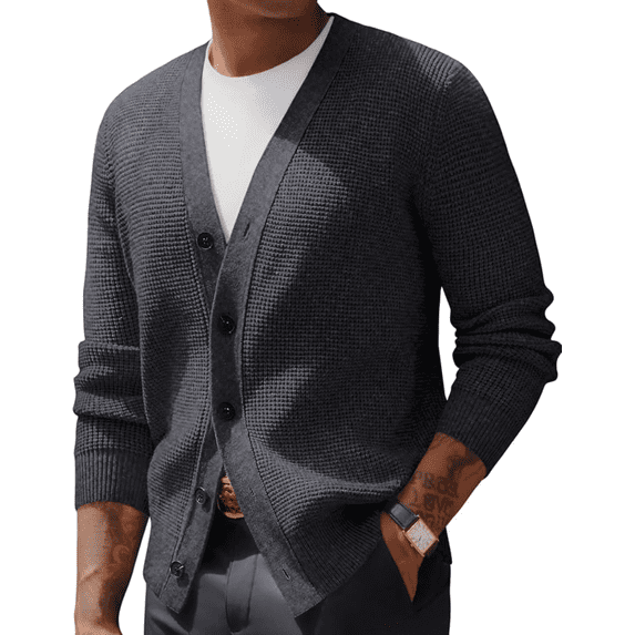 Olaglory Mens Cardigan Sweater Waffle Textured Ribbed neckline Long Sleeve V-Neck Soft Slim Fit Casual Button Knitted Sweaters, Dark Grey