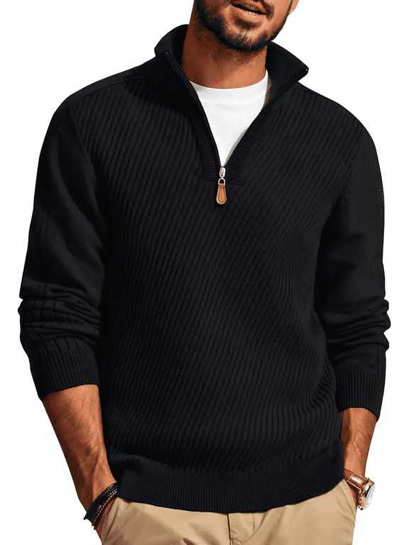 Mens Quarter Zip Pullover Sweaters Casual Slim Fit Long Sleeve Knit Texture Mock Neck Sweaters, Black