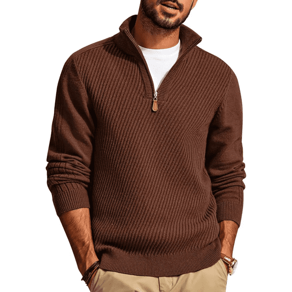 Olaglory Mens Quarter Zip Pullover Sweaters Casual Slim Fit Long Sleeve Knit Texture Mock Neck Sweaters, Coffee
