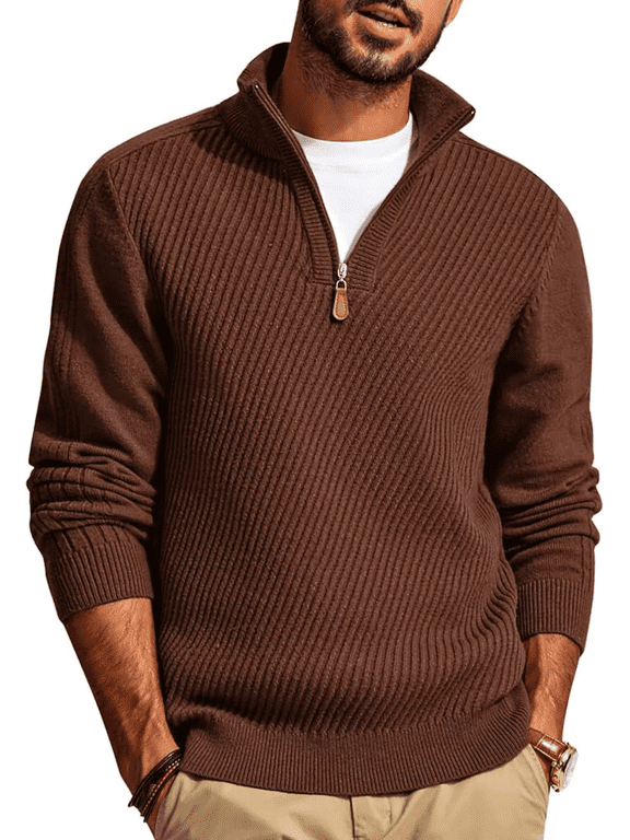 Mens Quarter Zip Pullover Sweaters Casual Slim Fit Long Sleeve Knit Texture Mock Neck Sweaters, Coffee