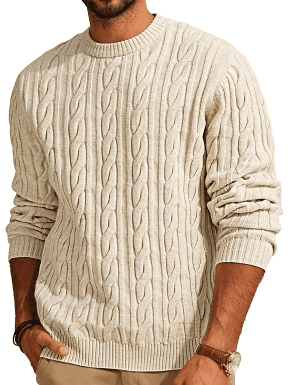 Mens Sweater Crewneck Cable Knit Pullover Sweater Long Sleeve Casual Classic Twist Textured Sweaters, Apricot