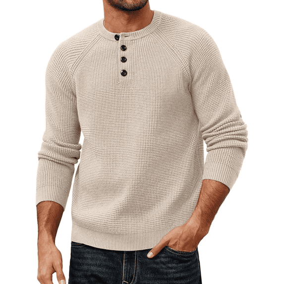 Olaglory Mens Sweaters Crewneck Waffle Pullover Sweater, Casual Button Textured Knit Henley Sweaters for Men, Beige