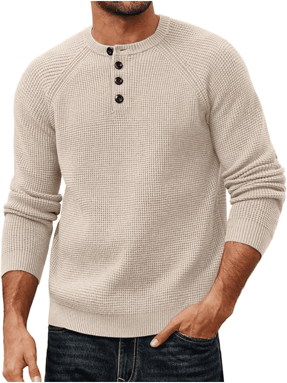 Mens Sweaters Crewneck Waffle Pullover Sweater, Casual Button Textured Knit Henley Sweaters for Men, Beige