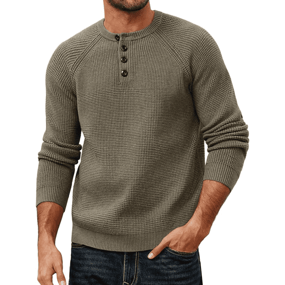 Olaglory Mens Sweaters Crewneck Waffle Pullover Sweater, Casual Button Textured Knit Henley Sweaters for Men, Khaki Green
