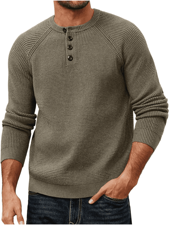 Mens Sweaters Crewneck Waffle Pullover Sweater, Casual Button Textured Knit Henley Sweaters for Men, Khaki Green