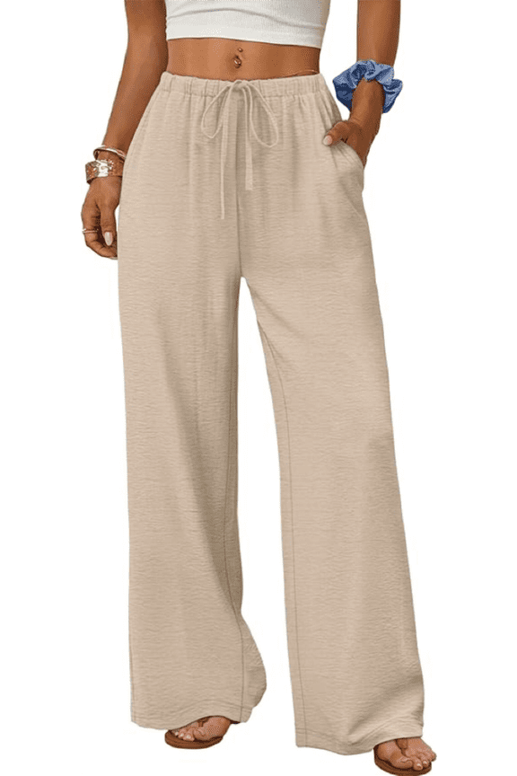 Wide Leg Pants for Women Flowy Palazzo Drawstring Elastic Waist Trousers with Pockets Summer Beach Vacation Clothes