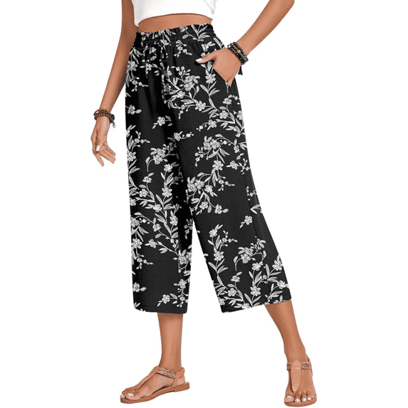 Olaglory Capri Pants for Women Drawstring Casual Palazzo Trousers with Pockets Loose High Waisted Wide Leg Lounge Lightweight Flowy Pants for women Summer