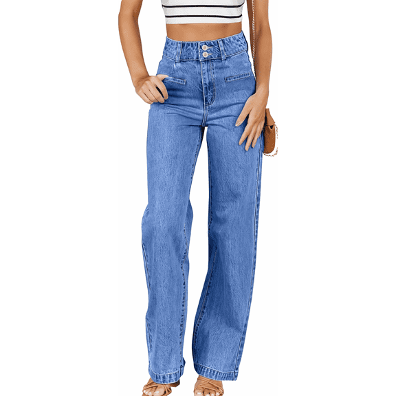 Olaglory Straight Leg Jeans for Women Trendy High Waisted Stretchy Wide Leg Jeans for Women Loose Denim Pants with Pockets, Sky Blue