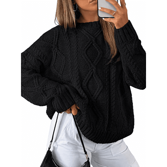 Olaglory Oversized Sweaters for Women Trendy Cable Knit Crewneck Pullover Chunky Breathable Fall Winter Sweaters for Women 2026, Black