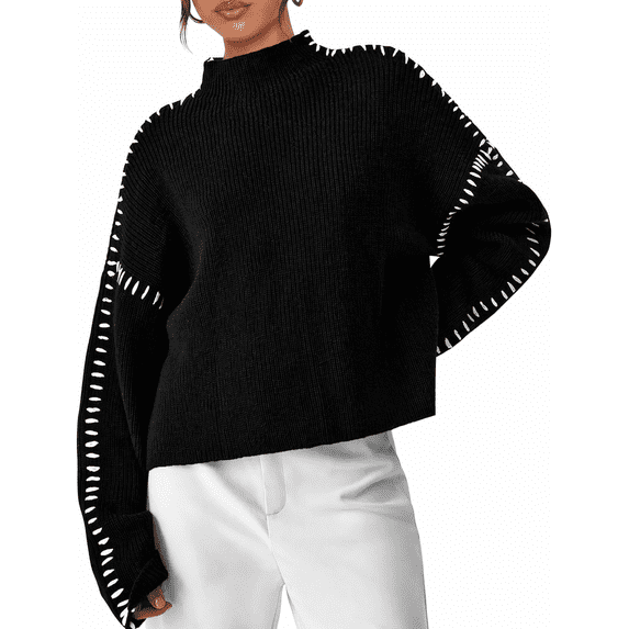 Olaglory Women's Pullover Sweaters Chunky Knit Long Sleeve Mock Neck Oversized Sweaters for Women Drop Shoulder Ribbed Winter Fashion Clothes 2026, Black