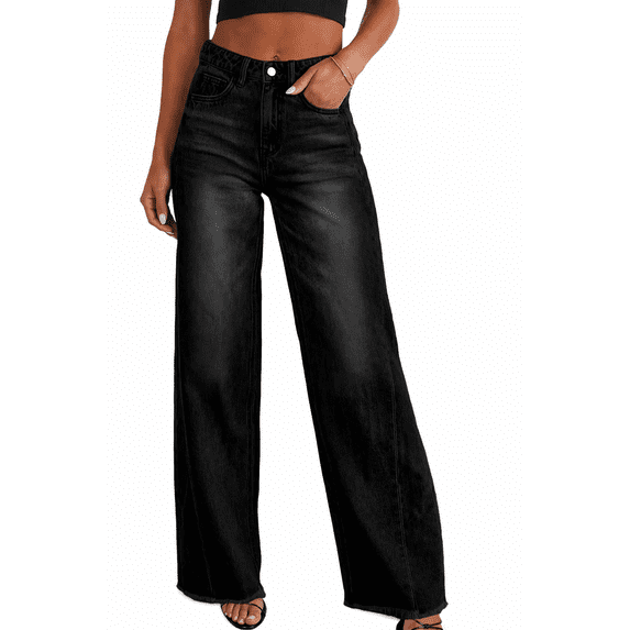 Olaglory Women's Wide Leg Jeans High Waisted Stretchy Raw Hem Casual Denim Pants, Black