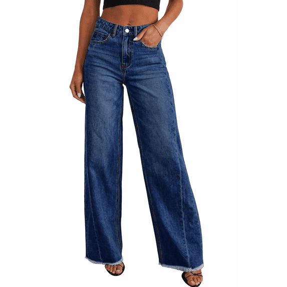 Olaglory Women's Wide Leg Jeans High Waisted Stretchy Raw Hem Casual Denim Pants
