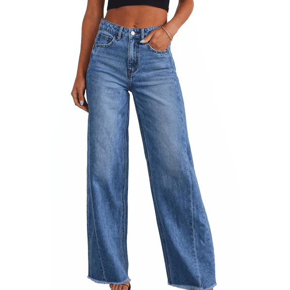 Olaglory Women's Wide Leg Jeans High Waisted Stretchy Raw Hem Casual Denim Pants, Blue